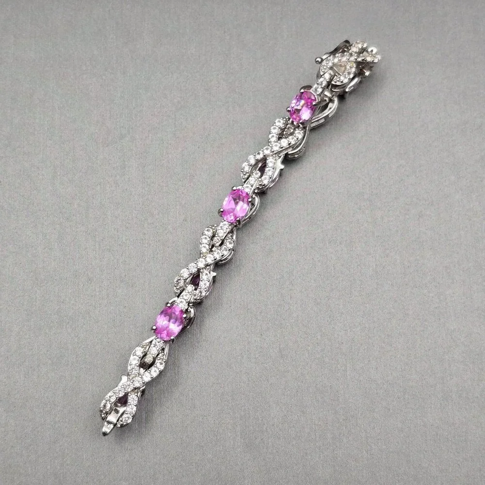 Sterling Silver Pink Sapphire & Quartz Infinity Tennis Bracelet 7.5" Signed SUN - Picture 3 of 14